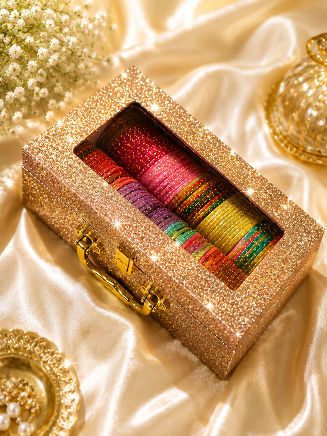 Kashmiri Bangle Golden Box with 8 Assorted Color Bangles