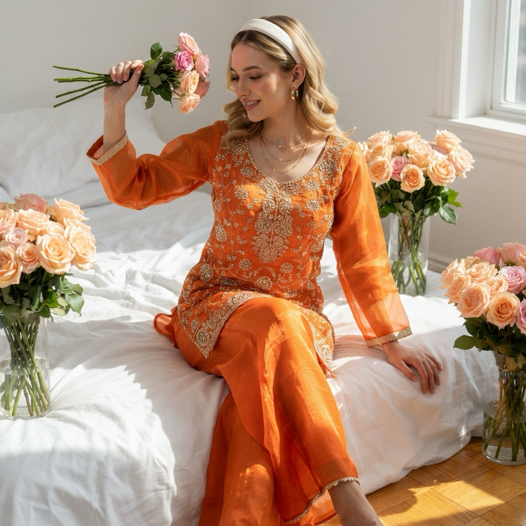 Rust Orange Fandy Silk Sharara Suit with Handcrafted Pearl & Sequin Embroidery