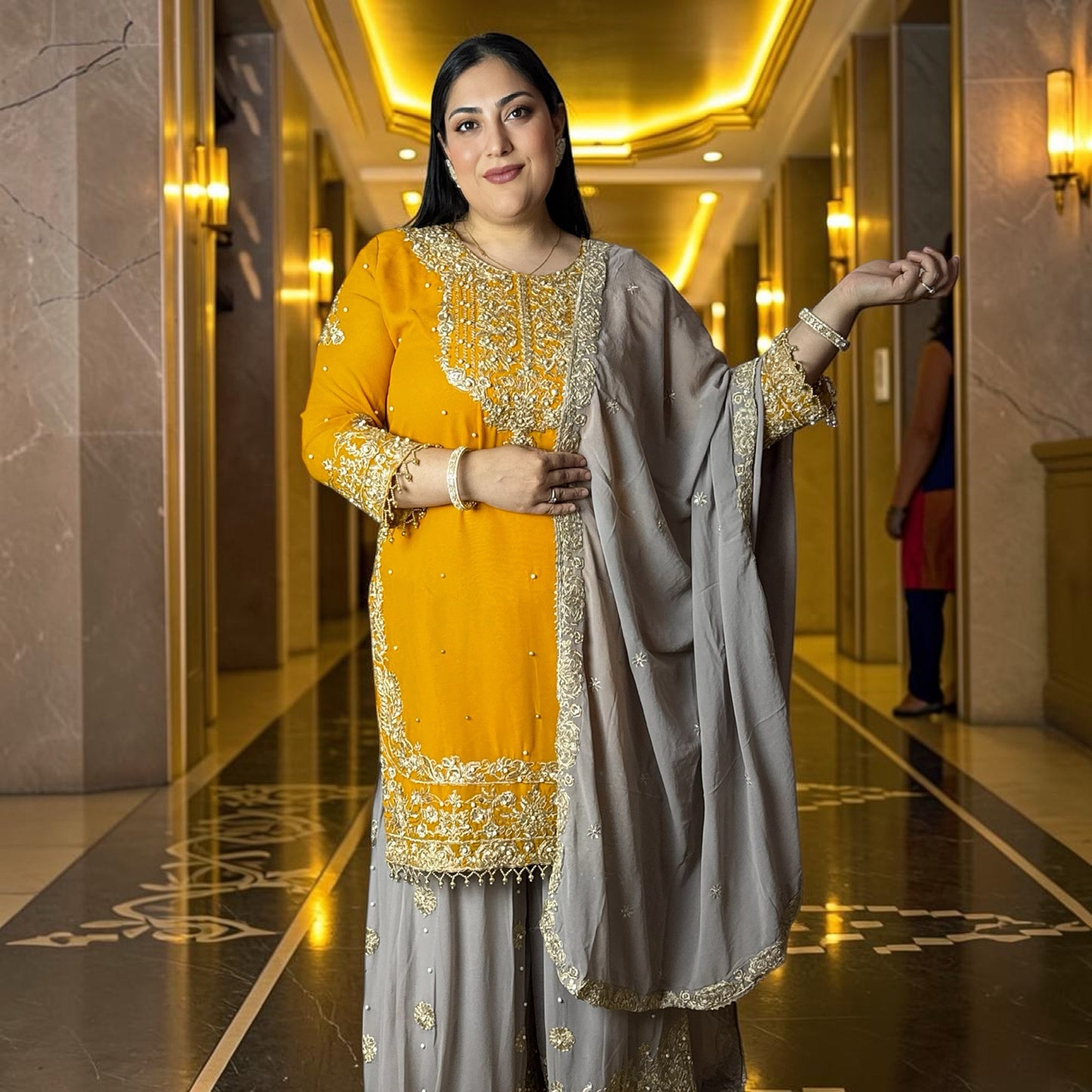 Sunehri Yellow Mustard Majesty Georgette Fabric with Gharara Bottom & Contrast Dupatta