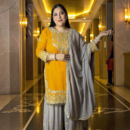 Sunehri Yellow Mustard Majesty Georgette Fabric with Gharara Bottom & Contrast Dupatta
