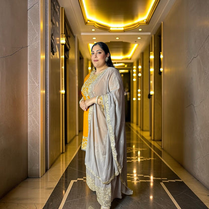 Sunehri Yellow Mustard Majesty Georgette Fabric with Gharara Bottom & Contrast Dupatta