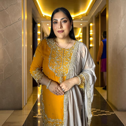 Sunehri Yellow Mustard Majesty Georgette Fabric with Gharara Bottom & Contrast Dupatta