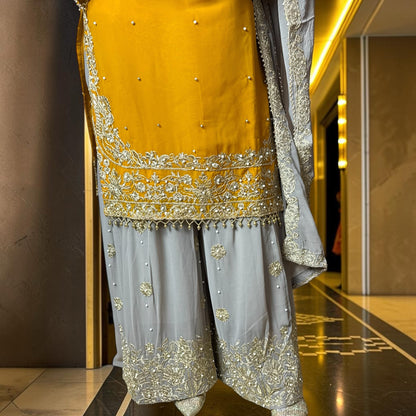 Sunehri Yellow Mustard Majesty Georgette Fabric with Gharara Bottom & Contrast Dupatta