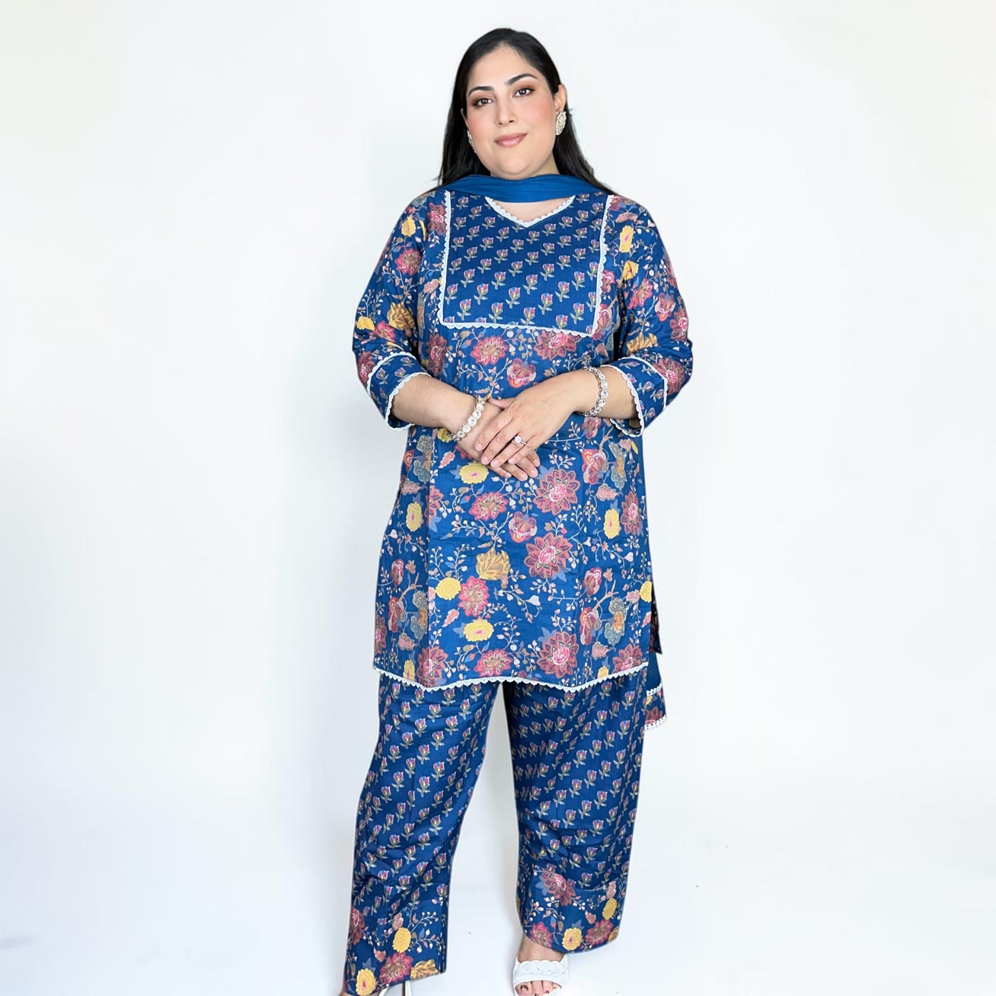 Floral Cotton Punjabi 3pc Suit Set – Maroon Pink