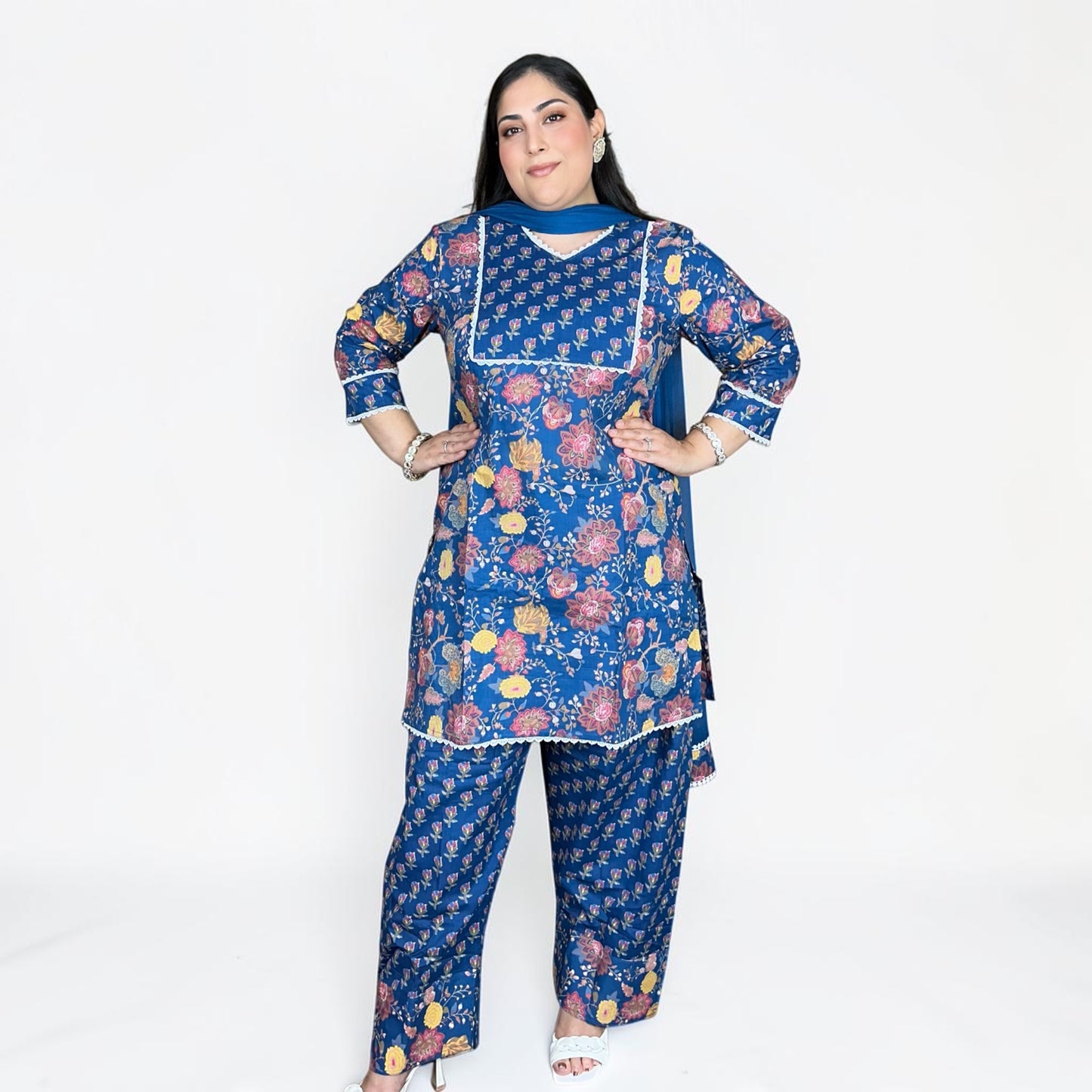 Floral Cotton Punjabi 3pc Suit Set – Maroon Pink