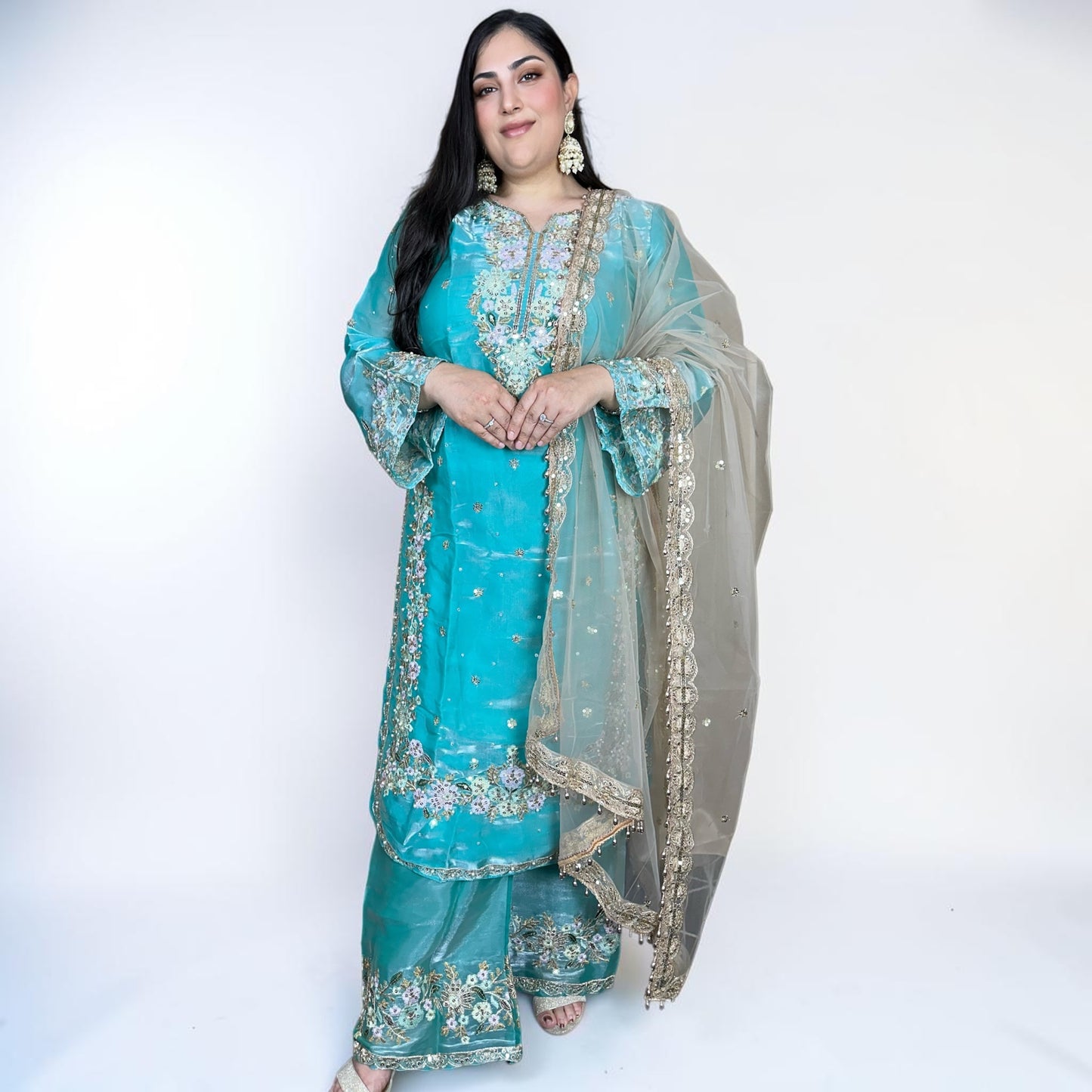 Royal Blue Floral Punjabi Cotton Suit with Farshi Salwar