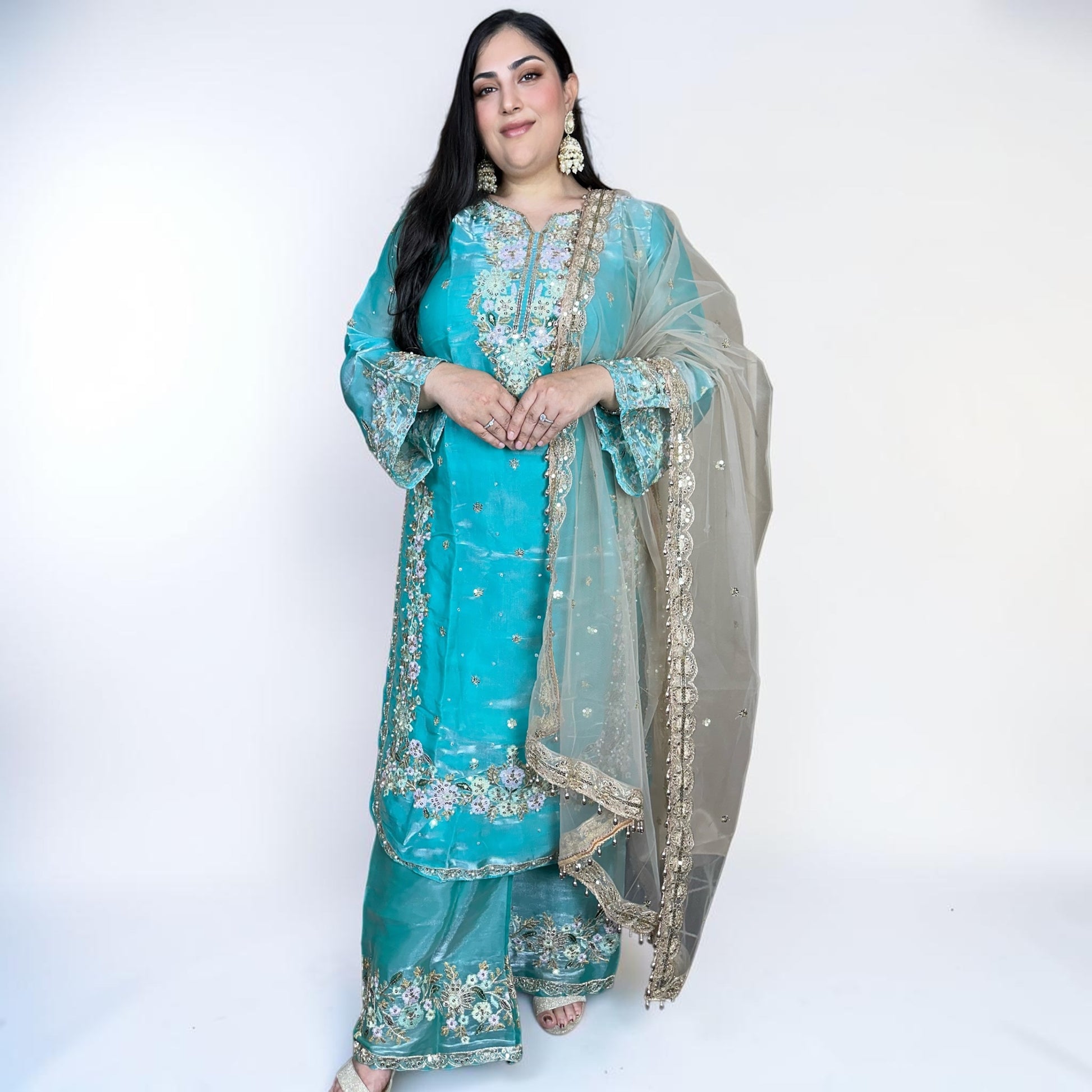 Royal Blue Floral Punjabi Cotton Suit with Farshi Salwar