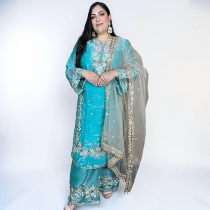 Royal Blue Floral Punjabi Cotton Suit with Farshi Salwar