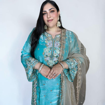Royal Blue Floral Punjabi Cotton Suit with Farshi Salwar