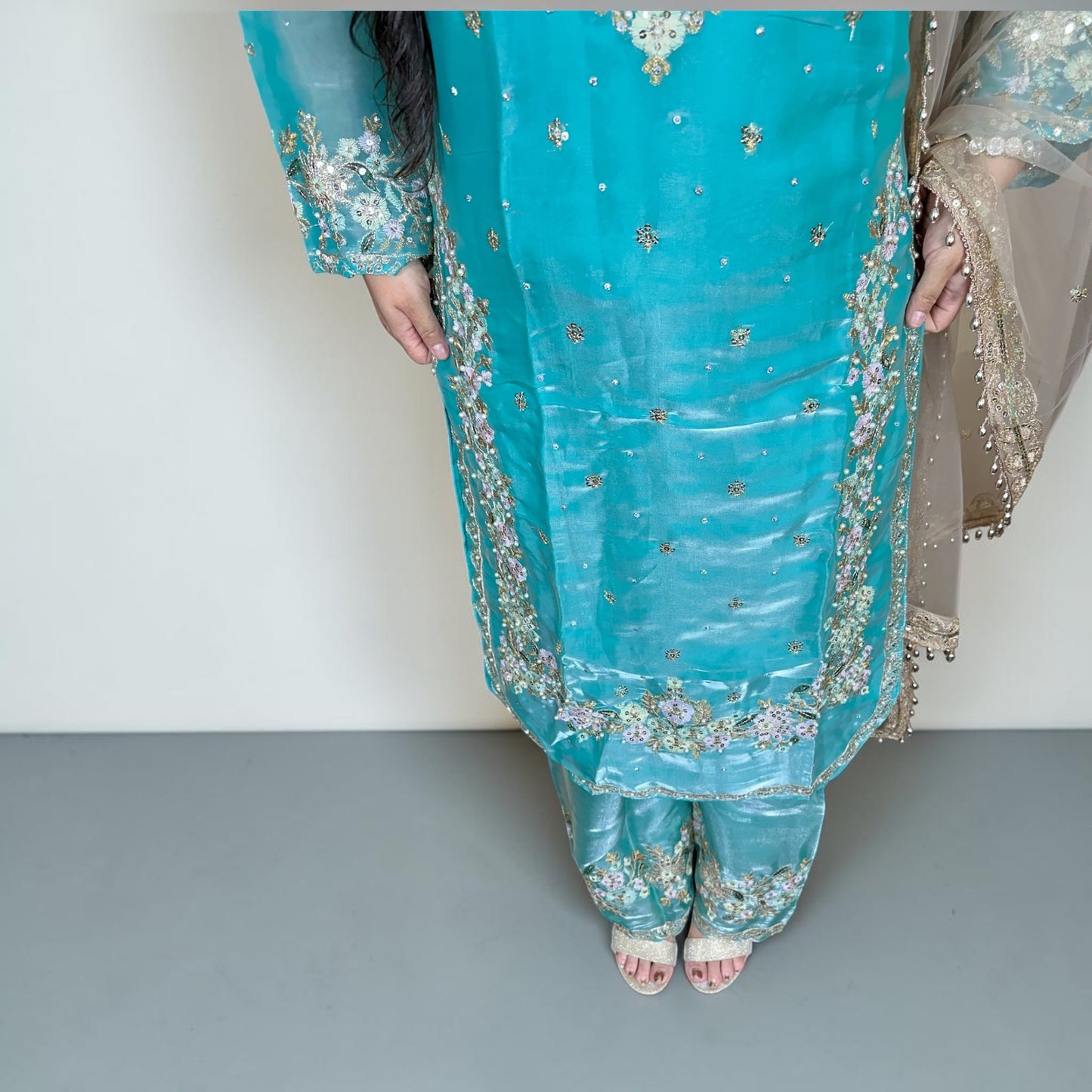 Royal Blue Floral Punjabi Cotton Suit with Farshi Salwar