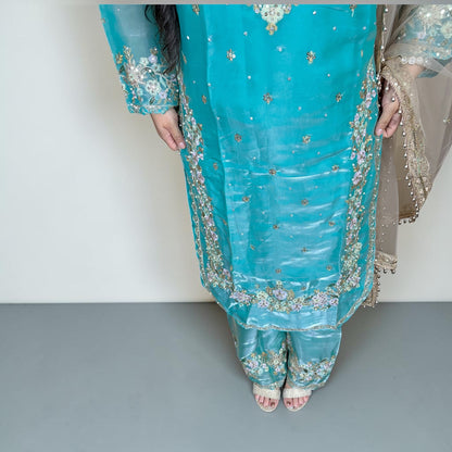 Royal Blue Floral Punjabi Cotton Suit with Farshi Salwar