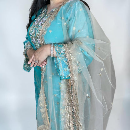 Royal Blue Floral Punjabi Cotton Suit with Farshi Salwar