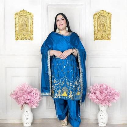 Royal Peacock Blue Silk Crepe Punjabi Suit