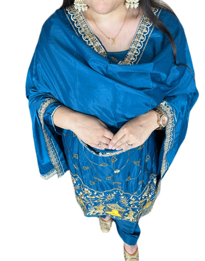 Royal Peacock Blue Silk Crepe Punjabi Suit