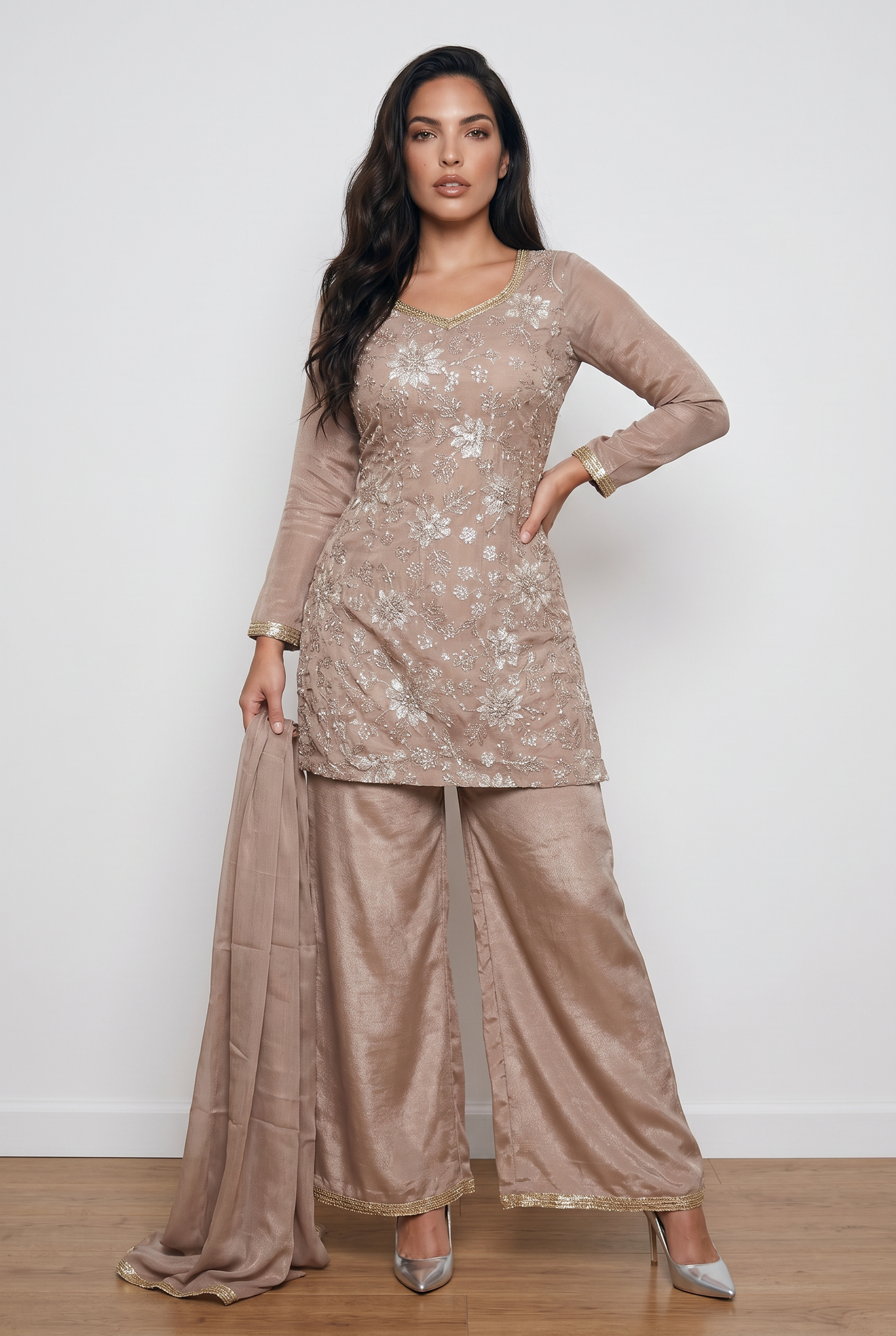 HEAVY CHINON HANDWORK  EMBROIDERED SHARARA SUIT