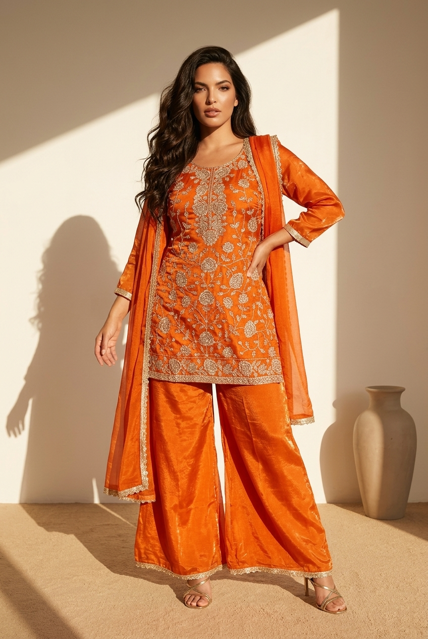 Rust Orange Fandy Silk Sharara Suit with Handcrafted Pearl & Sequin Embroidery