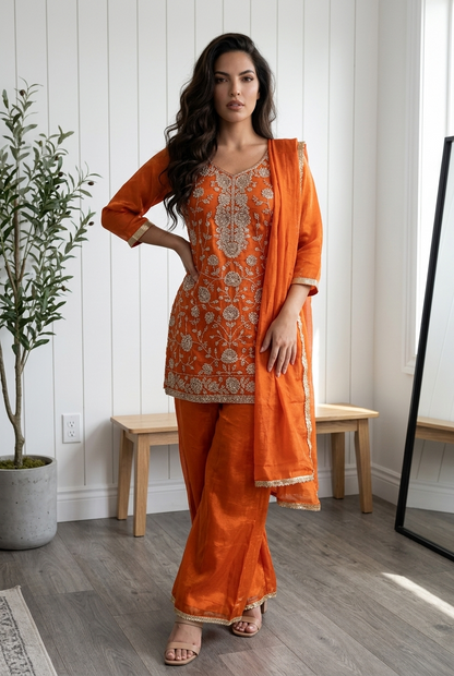 Rust Orange Fandy Silk Sharara Suit with Handcrafted Pearl & Sequin Embroidery