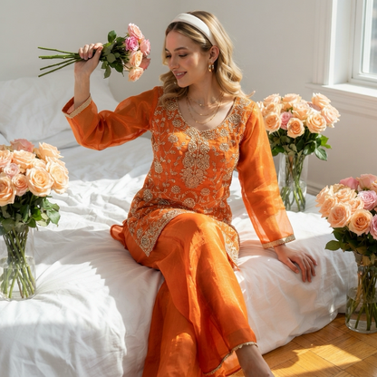 Rust Orange Fandy Silk Sharara Suit with Handcrafted Pearl & Sequin Embroidery