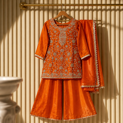 Rust Orange Fandy Silk Sharara Suit with Handcrafted Pearl & Sequin Embroidery