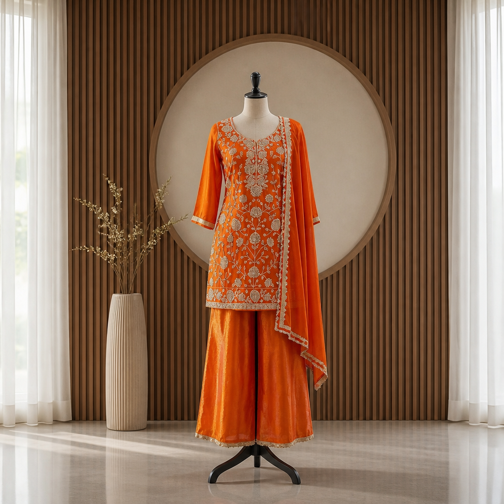 Rust Orange Fandy Silk Sharara Suit with Handcrafted Pearl & Sequin Embroidery