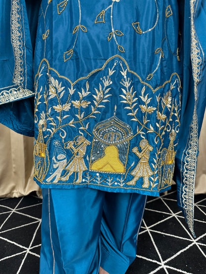 Royal Peacock Blue Silk Crepe Punjabi Suit
