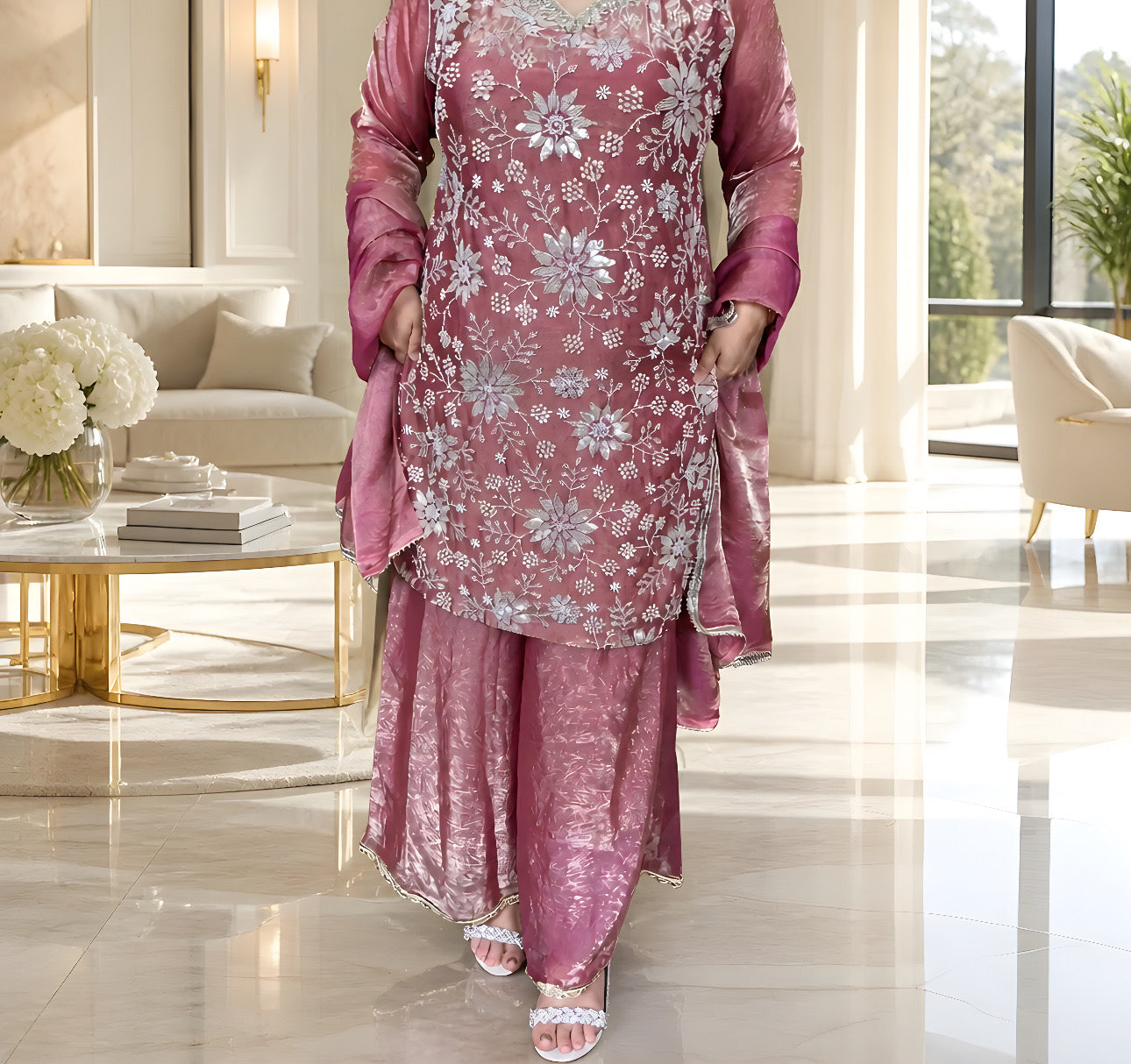 Dusty Rose Handwork Floral Fendy Silk Suit🌷