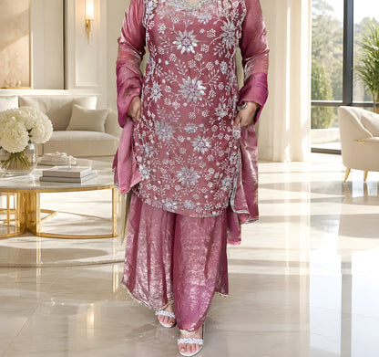 Dusty Rose Handwork Floral Fendy Silk Suit🌷