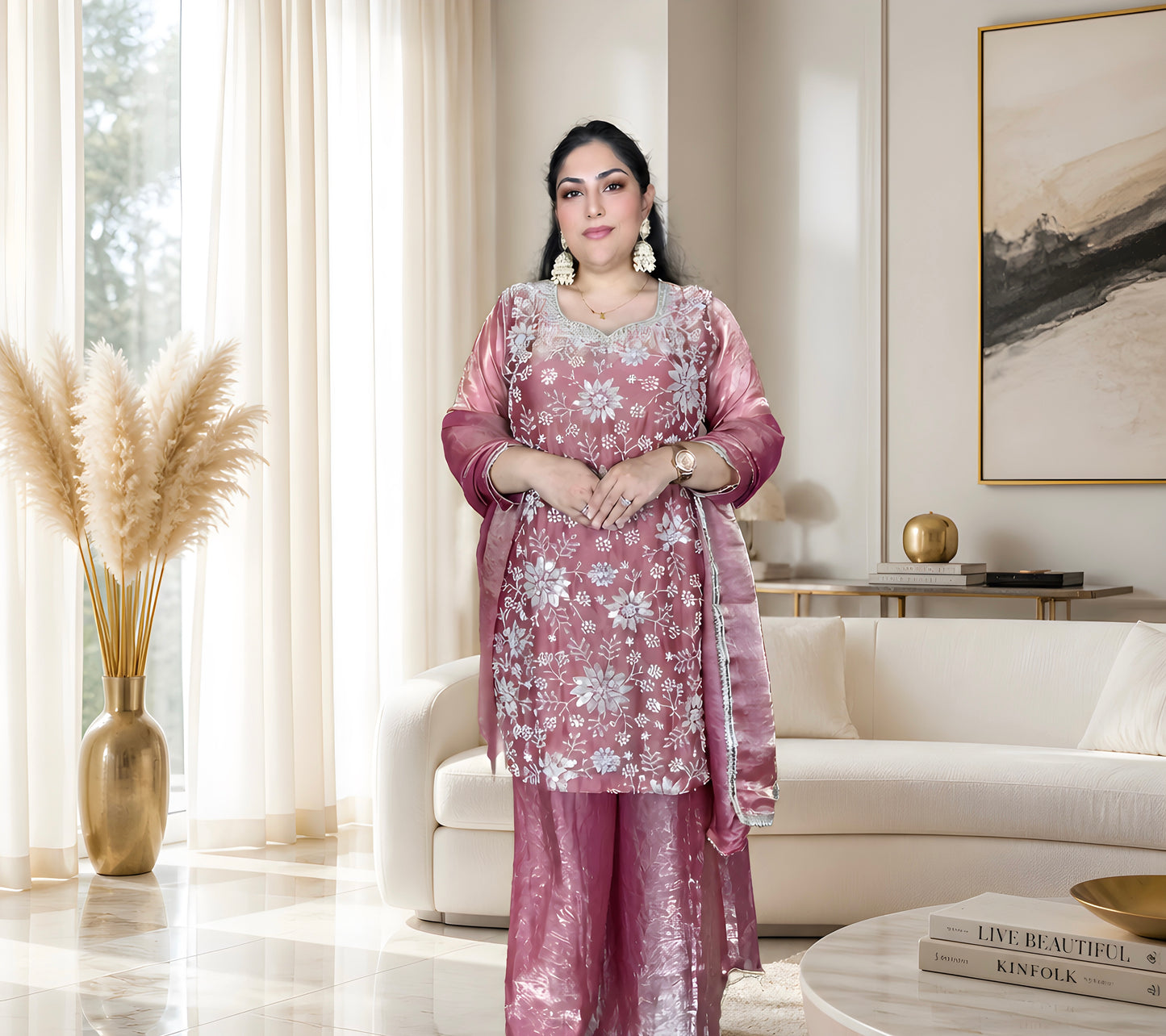 Dusty Rose Handwork Floral Fendy Silk Suit🌷