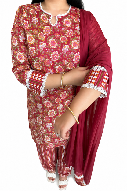Floral Cotton Punjabi 3pc Suit Set.