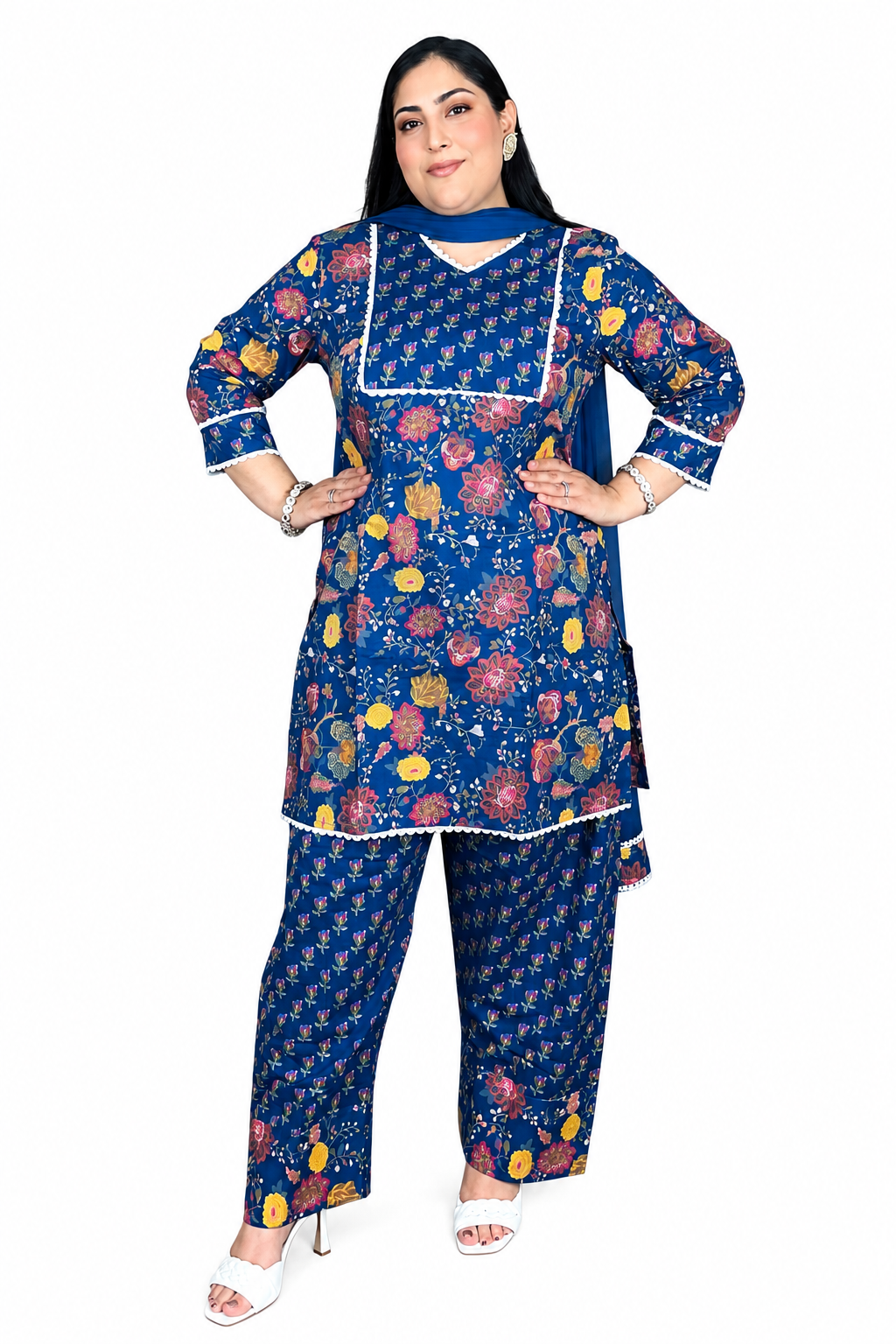 Royal Blue Floral Punjabi Cotton Suit with Farshi Salwar