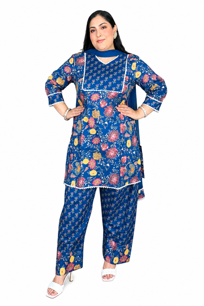 Royal Blue Floral Punjabi Cotton Suit with Farshi Salwar