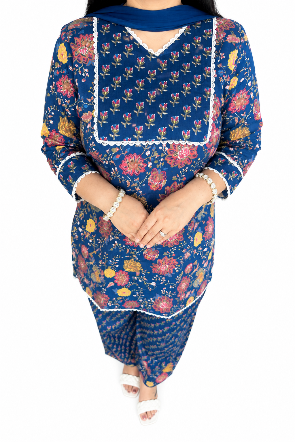 Royal Blue Floral Punjabi Cotton Suit with Farshi Salwar
