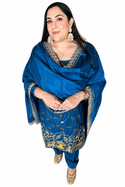 Royal Peacock Blue Silk Crepe Punjabi Suit