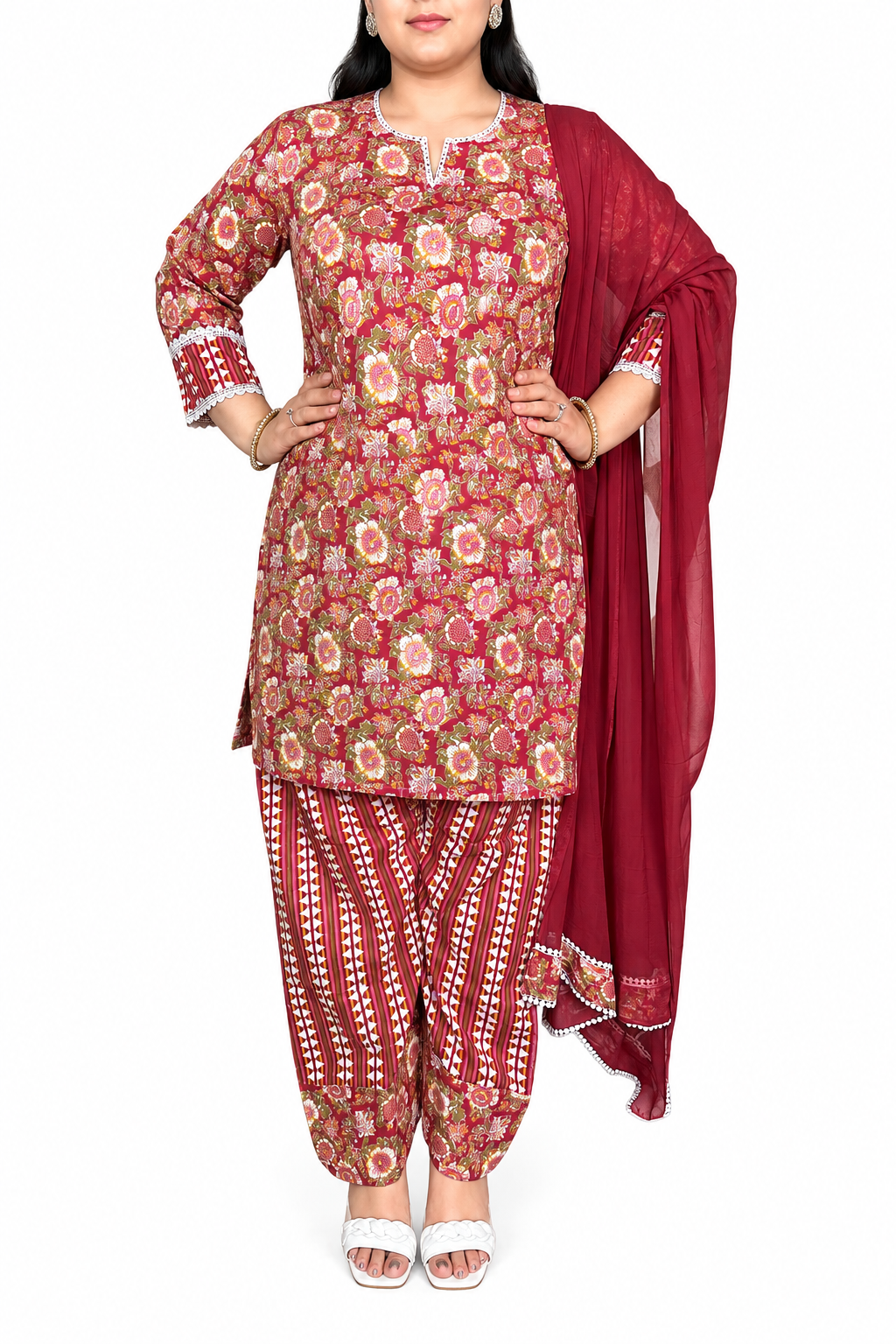 Floral Cotton Punjabi 3pc Suit Set.