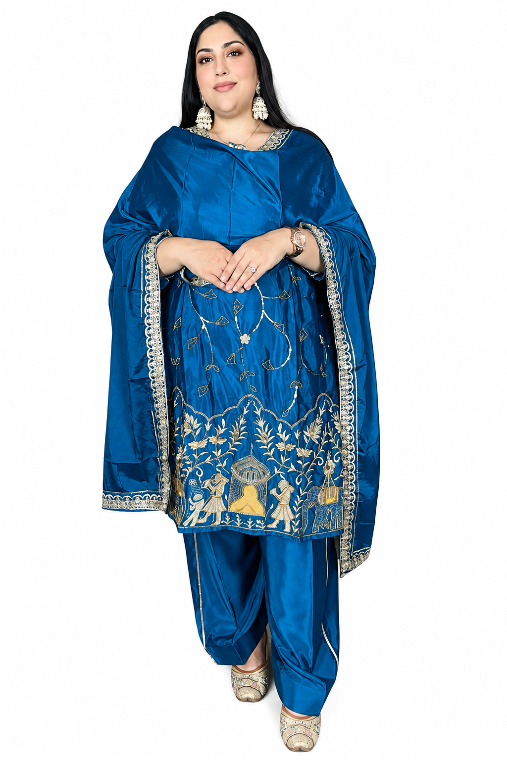 Royal Peacock Blue Silk Crepe Punjabi Suit